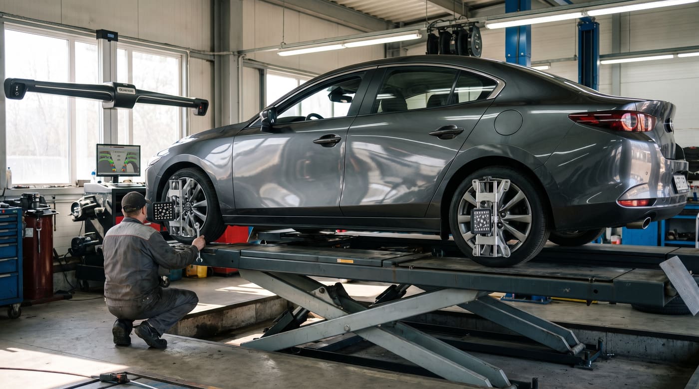 Fahrzeug auf der Vermessungsbühne in der Werkstatt